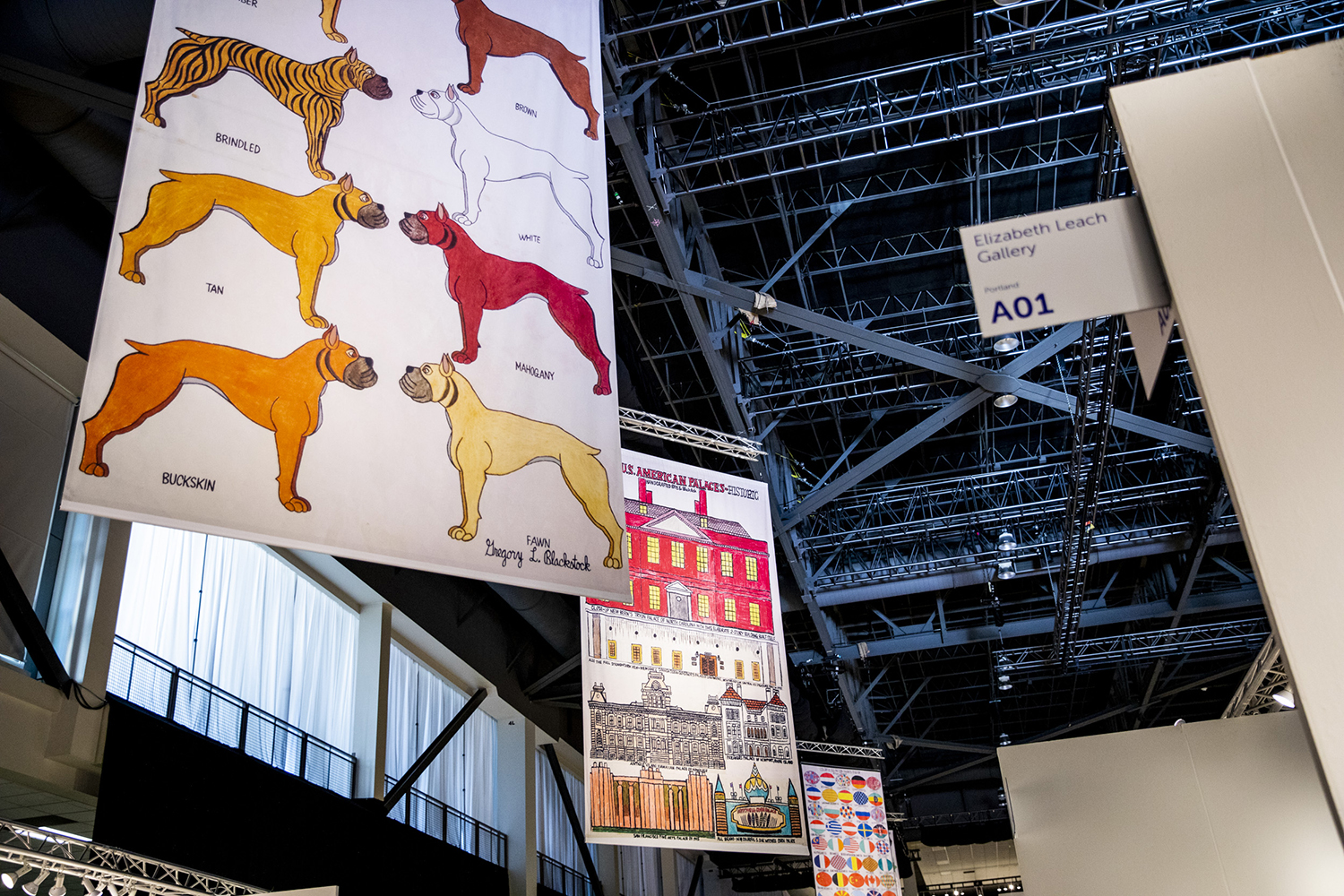 Banners by Gregory Blackstock during the Seattle Art Fair at CenturyLink Field Event Center on Aug. 1, 2019. 