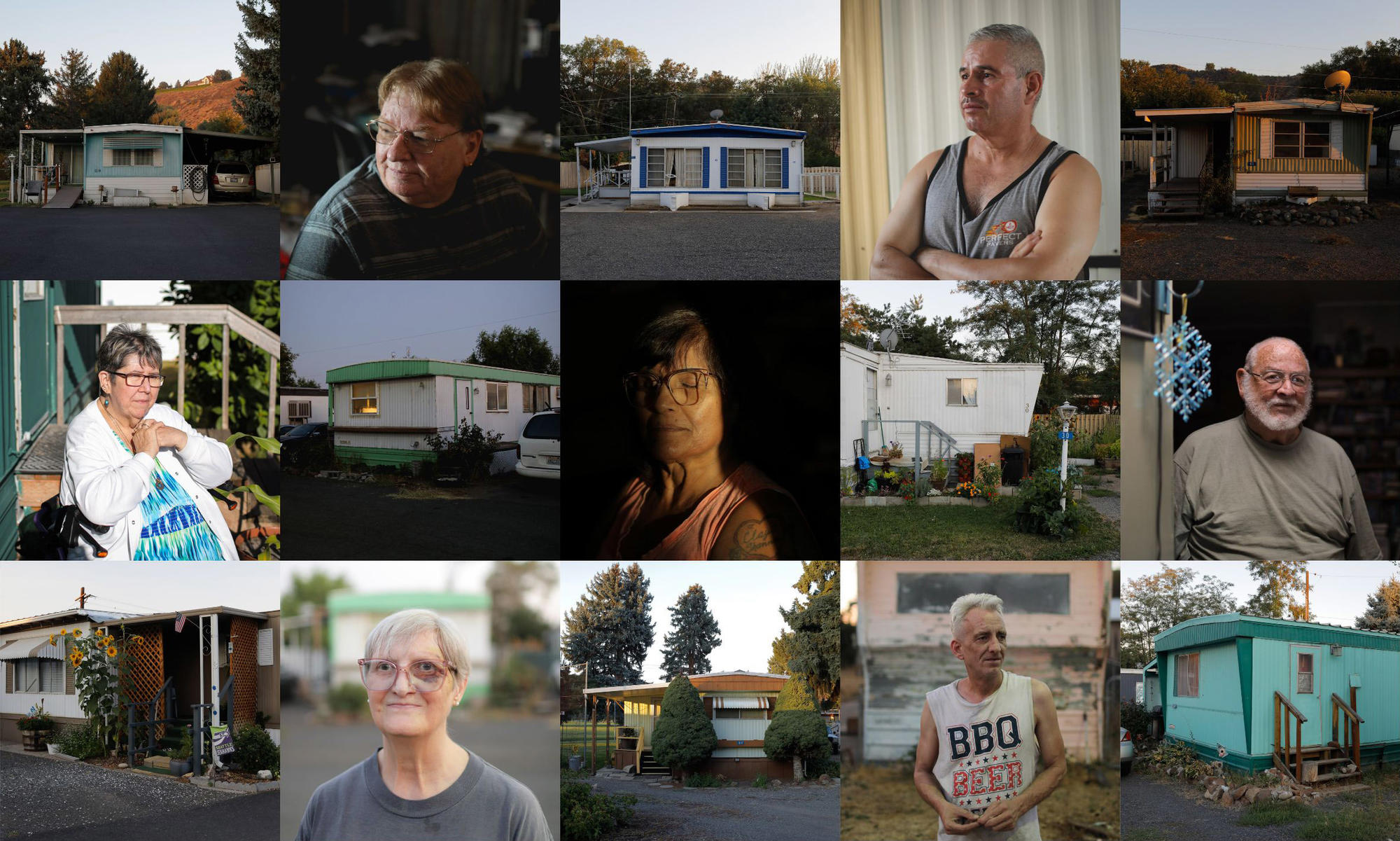 An array of portraits of mobile home residents next to images of their homes.