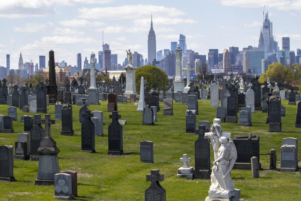 A cemetery backed by a skyline