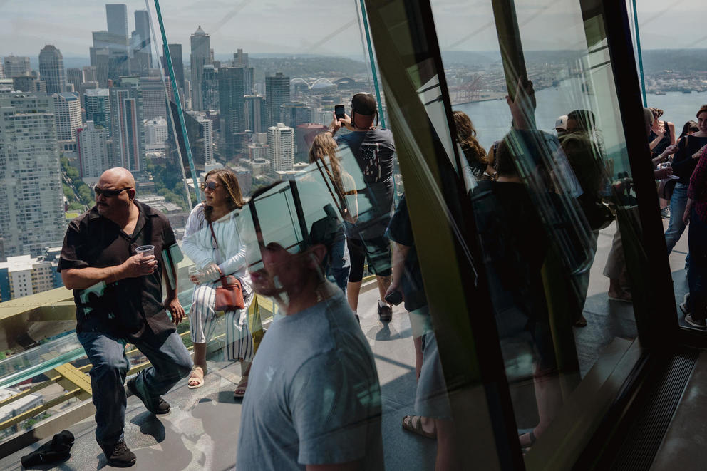 People on the deck of the Space Needle