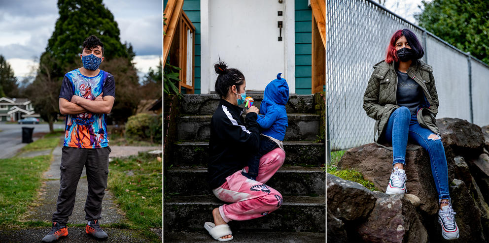 a triptych of portraits of young immigrants standing or sitting outdoors