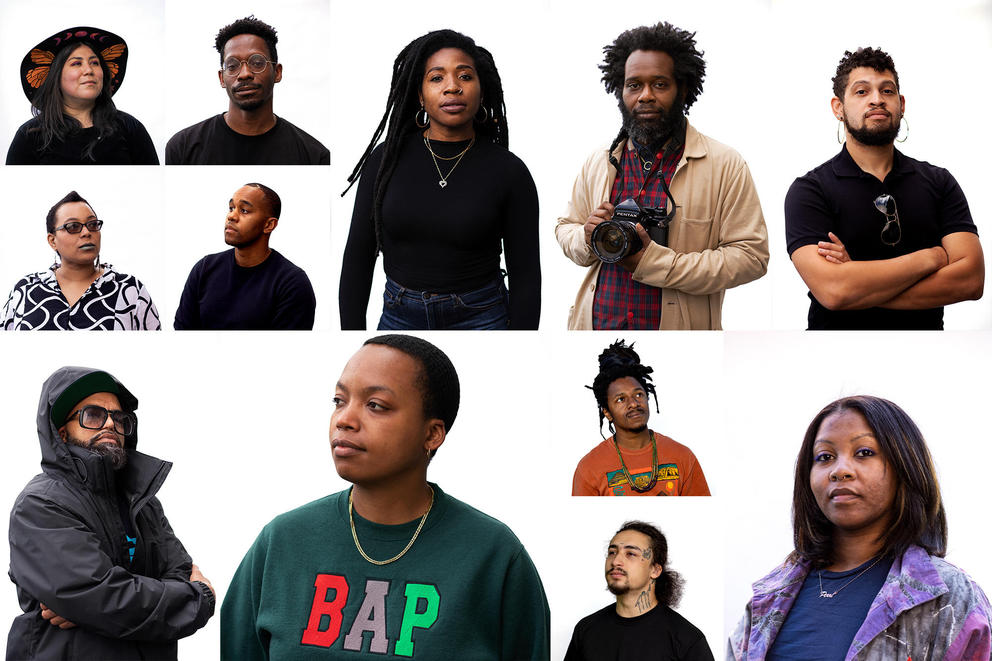 A collage of portraits of artists of color on a white back drop
