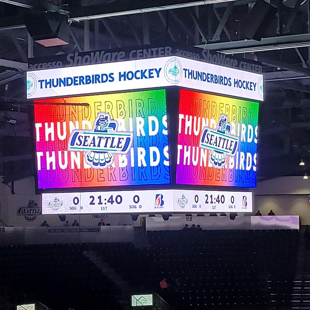 The jumbotron during Pride Night at the March 21 Seattle Thunderbirds game