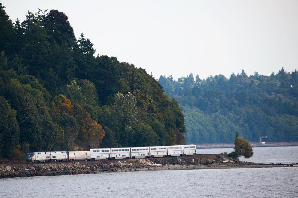 The Amtrak Empire Builder heads north through Shoreline