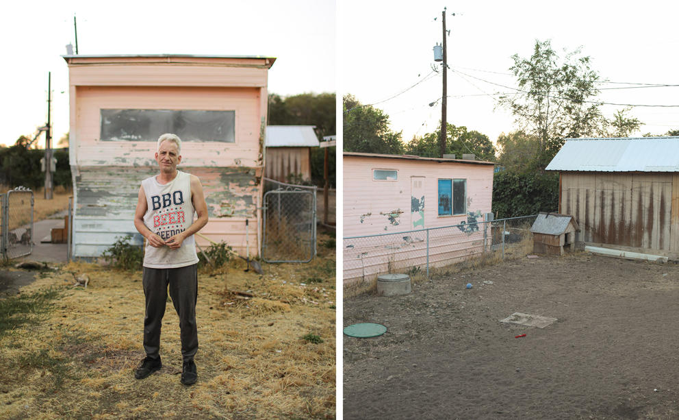 Left: a man stands in front of his trailer Right: a yard full of dirt and rocks is seen behind a trailer