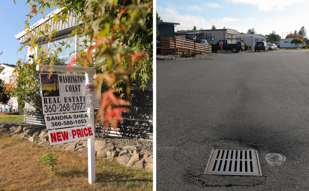 Left: a for sale sign outside a home. Right: a street with a drain grate that is sinking into cracked pavement