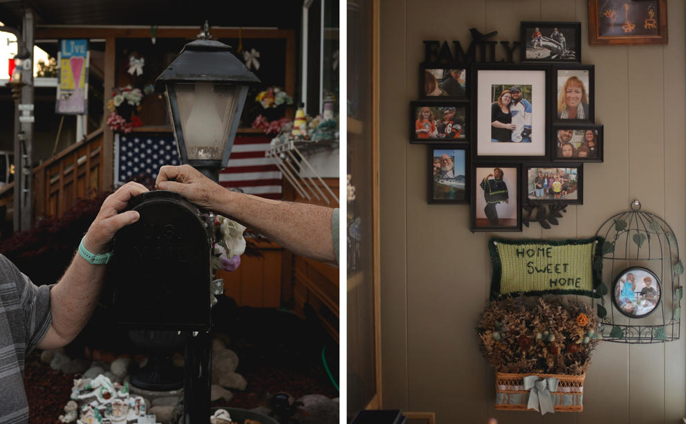 Two images, left of hands on a mail box, and right of family photos and a home sweet home embroidery on a wall of the Wilson's home