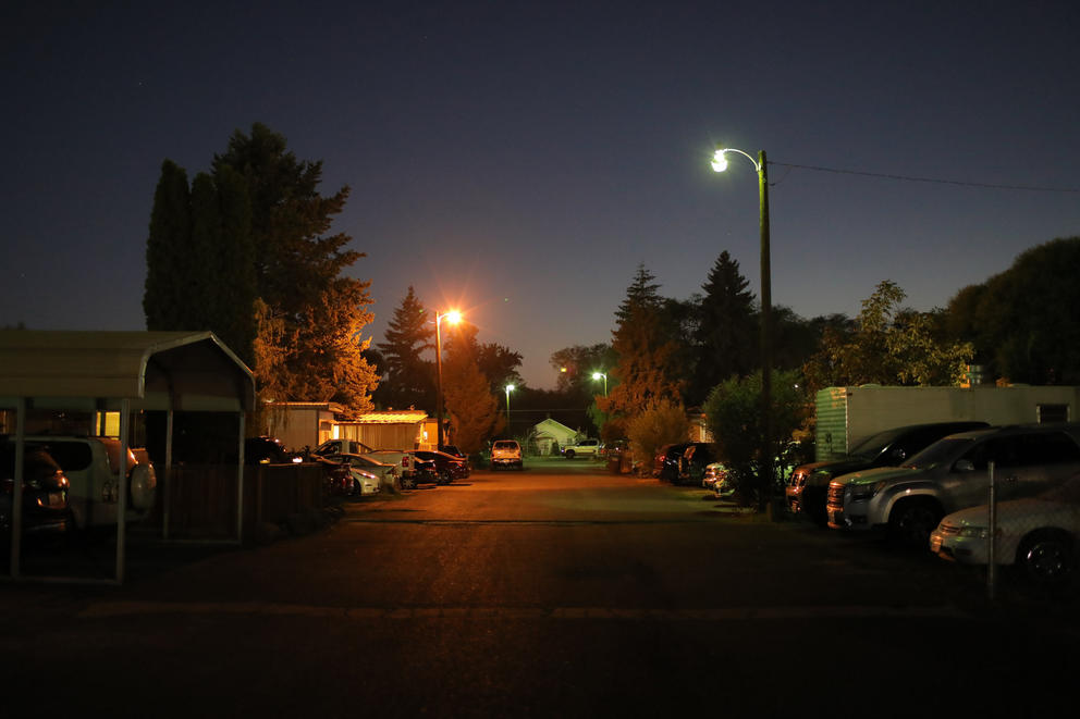 A night photo of White Dove mobile home park, street and house lights illuminate the neighborhood