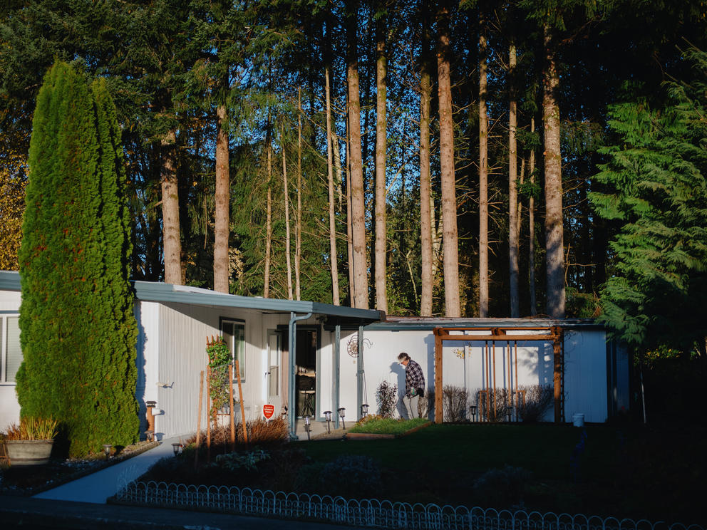 Sun cuts across a manufactured home resting in a stand of tall trees as a tenant tends the yard