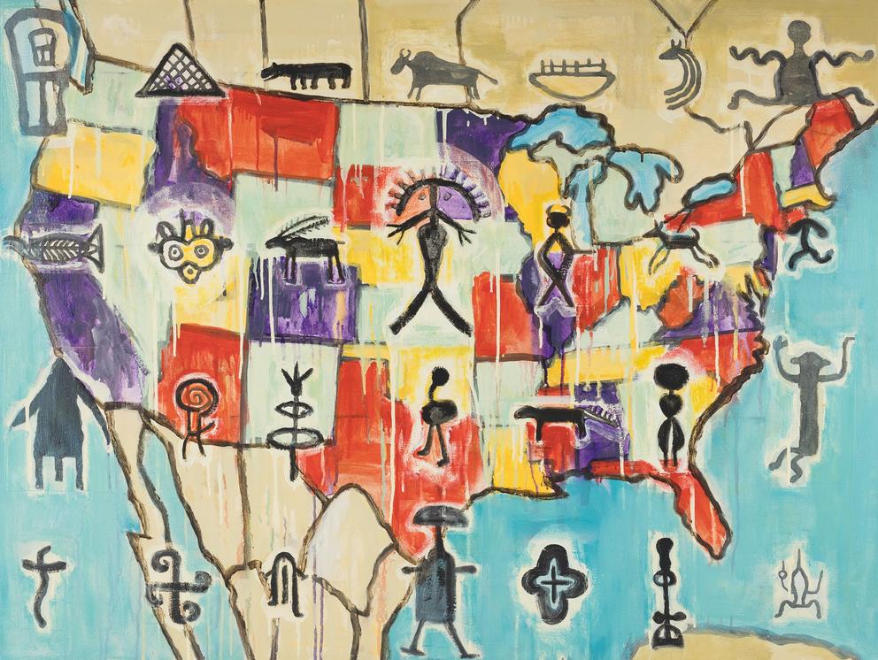 an abstract painting of the USA overlaid with petroglyphs