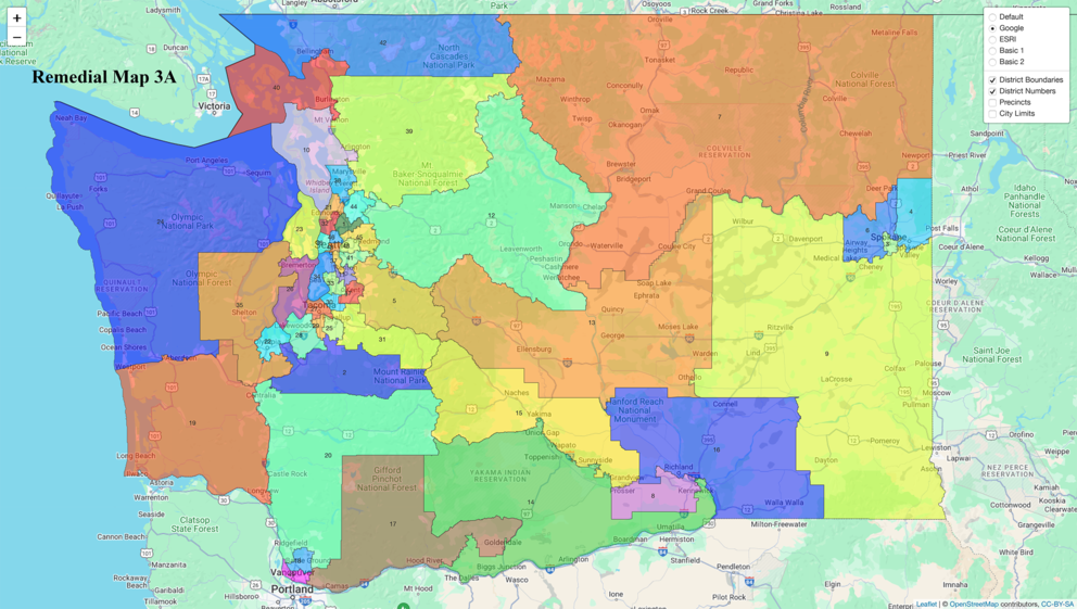 A remedial map showing proposed boundaries for WA Legislative Districts 