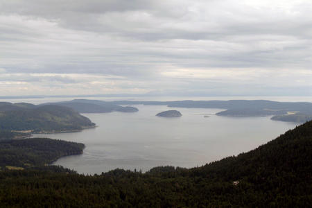 Aerial view of a grey day in the San Juan Islands