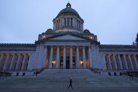 Legislative building facade and dome at dusk