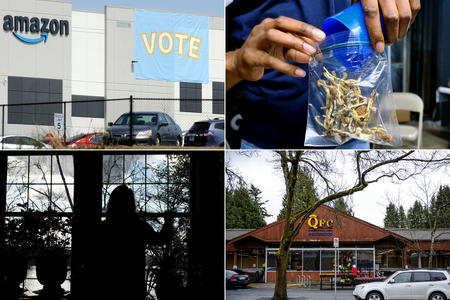 Clockwise: Amazon building, baggie of psychedelics, woman backlit by window, QFC storefront