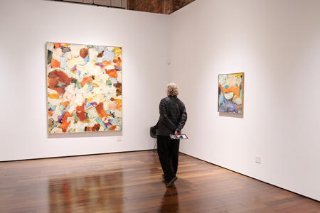A person in a gallery looking at a colorful painting