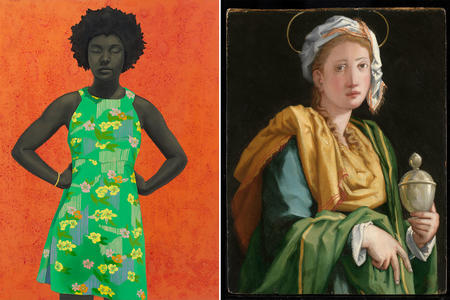 two oil paintings side by side, at left a girl in a green sundress, at right, a medieval woman in robes