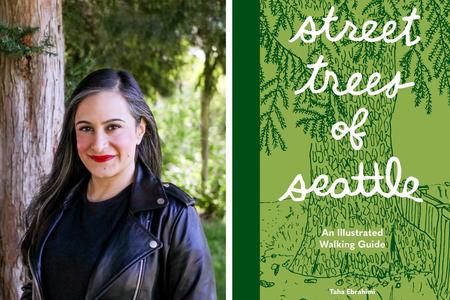 side by side images: a smiling woman in a black motorcycle jacket next to a green book cover reading street trees of seattle