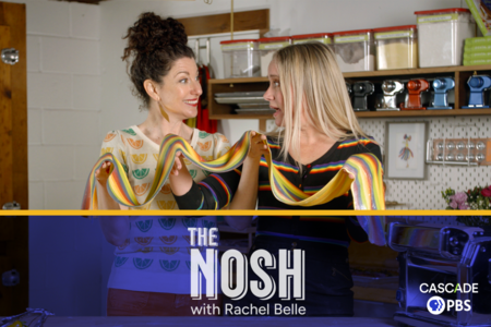 Host Rachel Belle and guest making rainbow colored pasta