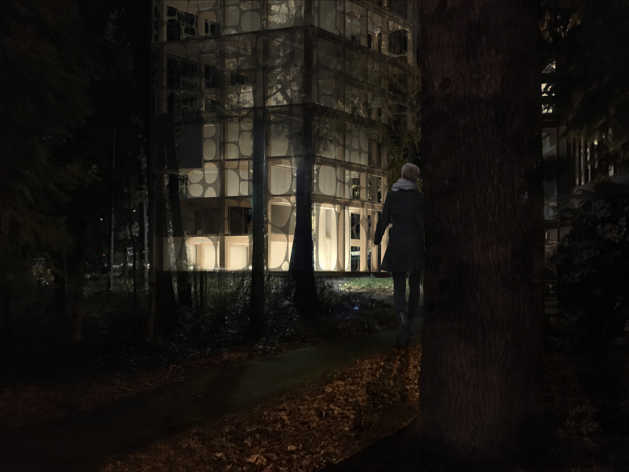 A rendering of the UW Center for Wood Innovation at night (Rendering by Madeleine Black)