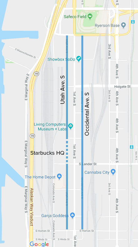 A Google map highlighting Occidental and Utah avenues in Seattle's SODO neighborhood.