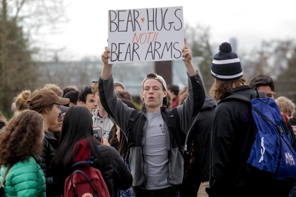 Students from various high schools gathered at Roosevelt High School to participate in a student walkout protesting gun violence in Seattle