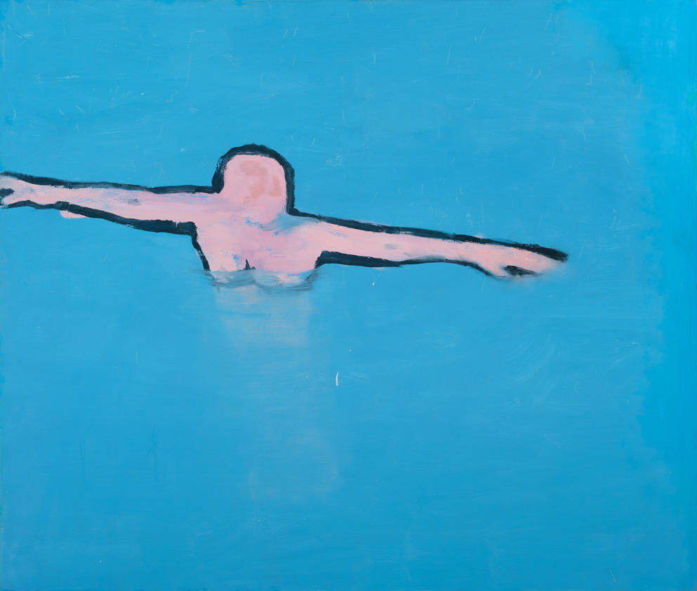 painting with blue backdrop and outline of person, crudely drawn, with pink skin and arms outstretched