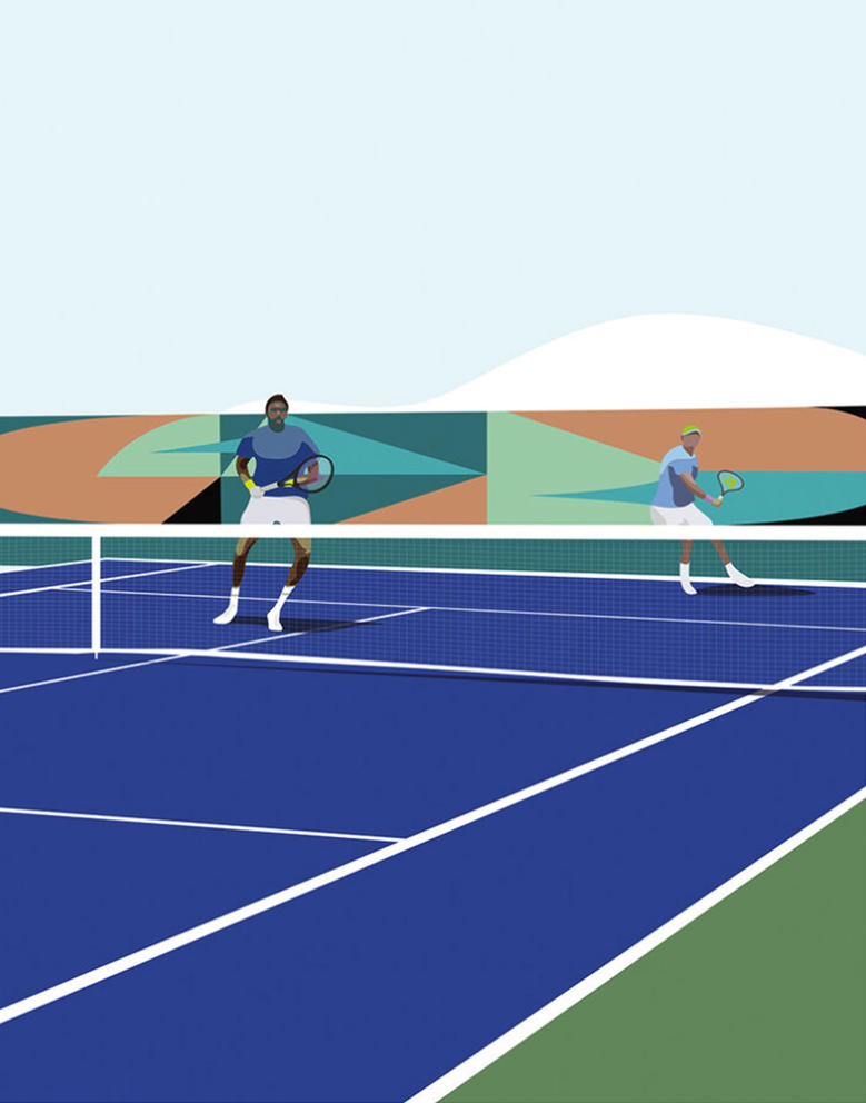 A digital painting of two Black men playing tennis on a blue tennis court