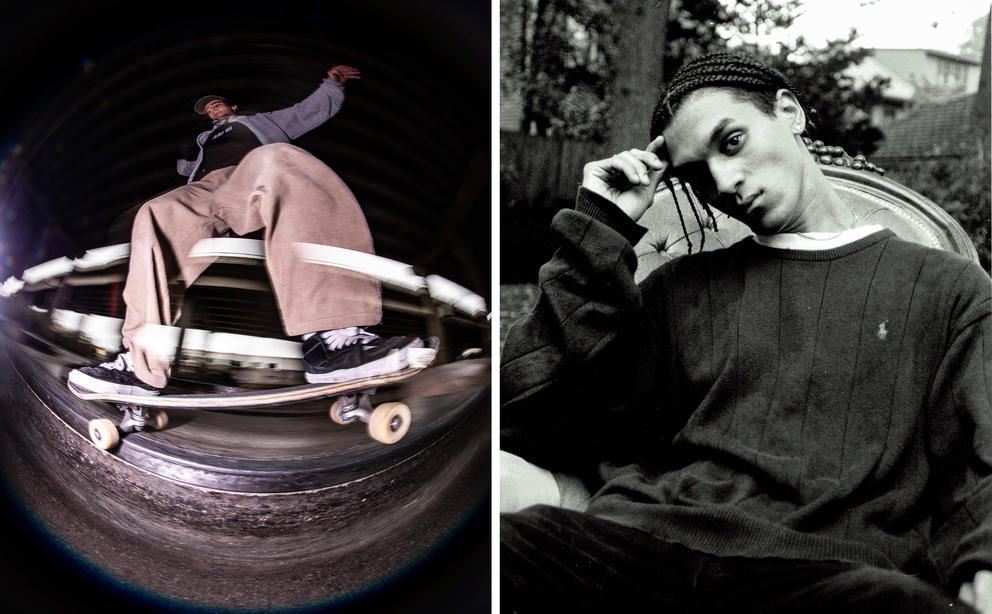 At left a fisheye photo shot from below of a man skateboarding, at right a portrait of a man with cornrows and dark sweater looking into the camera with his hand touching his head