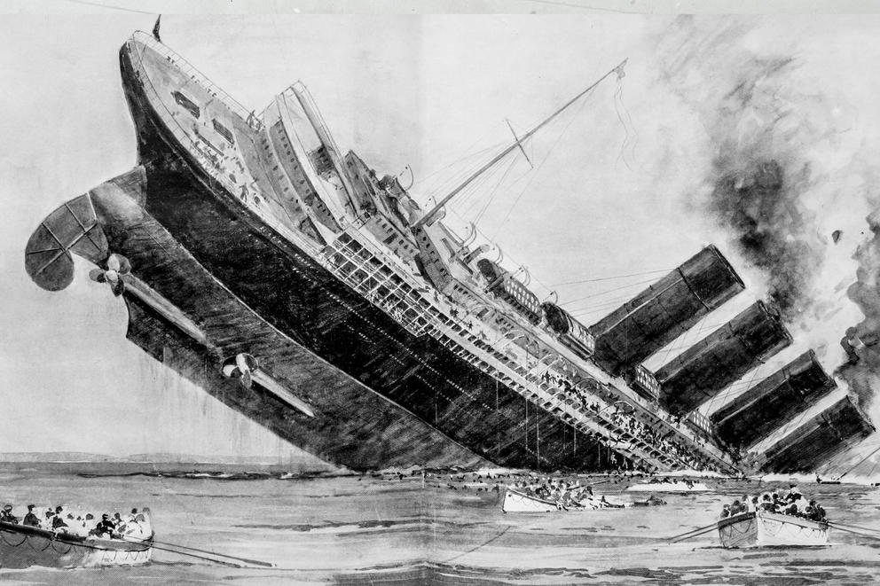Drawing of the Lusitania sinking.