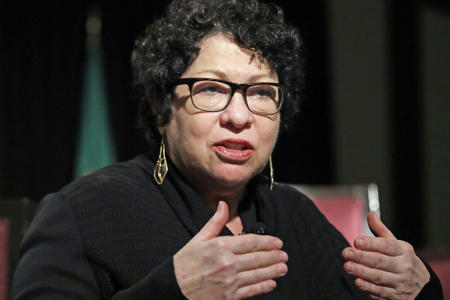 Supreme Court Associate Justice Sonia Sotomayor speaks at a civics event Tuesday, Jan. 23, 2018, in Seattle. The Civic Learning Initiative Summit is part of a statewide effort for students to learn about and engage in government. Credit: Elaine Thompson/AP