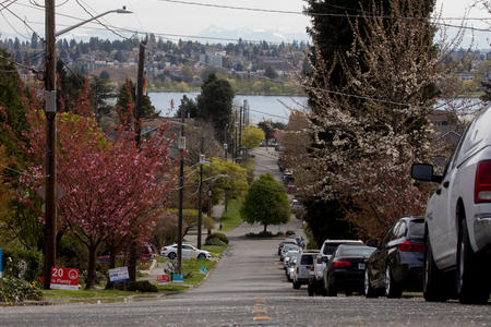Parked cars crowd one side of 68th Avenue at the intersection with Dayton Street, looking east towards Green Lake and the Cascades, in Seattle’s Phinney Ridge neighborhood.