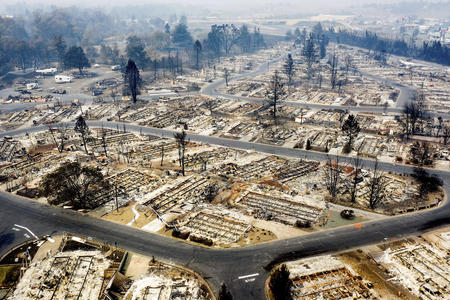 The town of Phoenix, Oregon, is shown from a drone after being destroyed by wildfires on September 15, 2020.