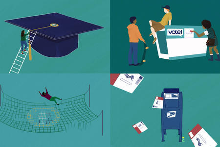 Four illustrations: A woman climbing a ladder onto a graduation cap, three young people by a ballot box, ballots flying into a USPS mailbox, and a person falling into a frayed safety net